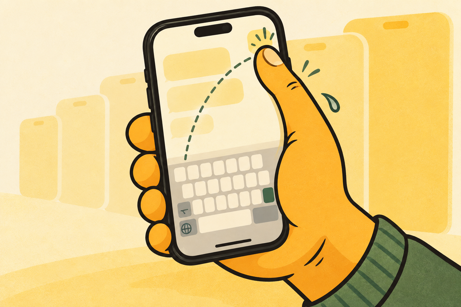 a hand stretches a thumb across a large iphone while smaller phone silhouettes appear behind it.