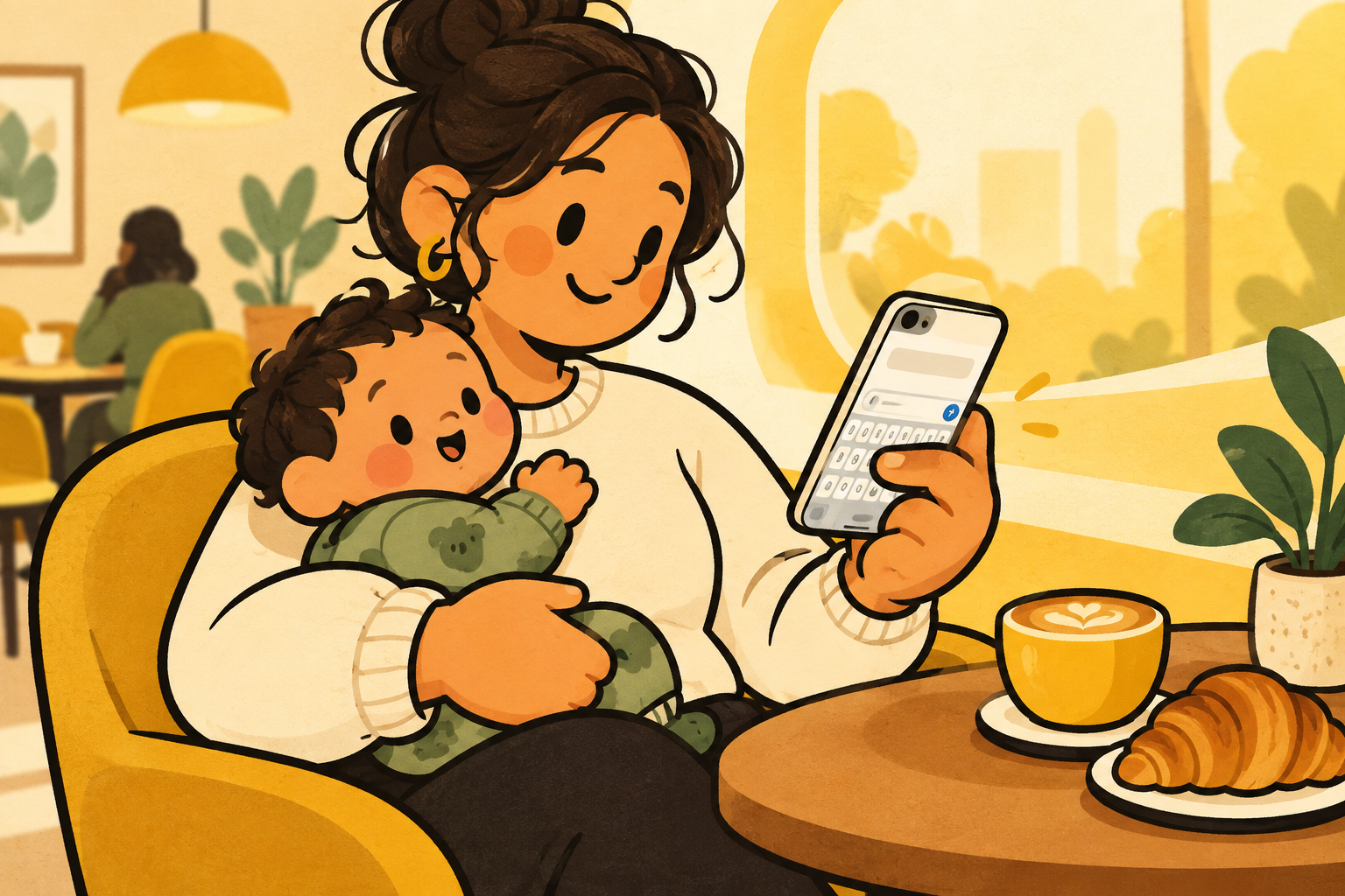 a parent holds a baby with one arm while using an iphone with the other hand in a warm cafe.