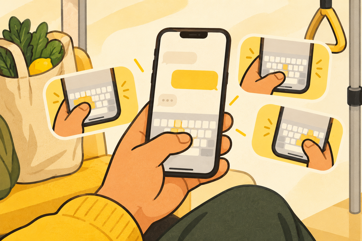 a single hand holds an iphone with three illustrations showing keyboard positions for one-handed typing.